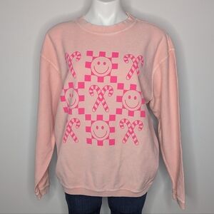 Chicka-d Pink Christmas Holiday Candy Cane Smiley Face Ribbed Sweatshirt S